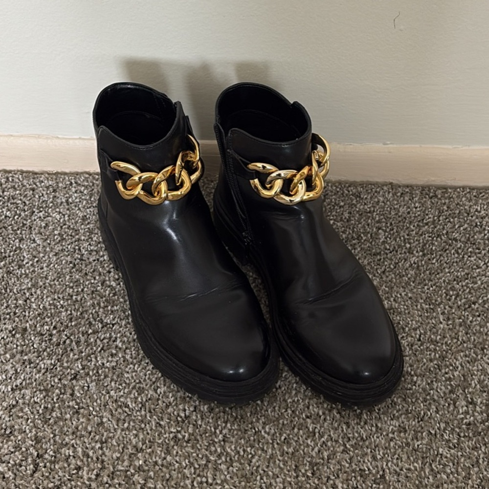 INC International Concepts Black Boots with Gold Chain